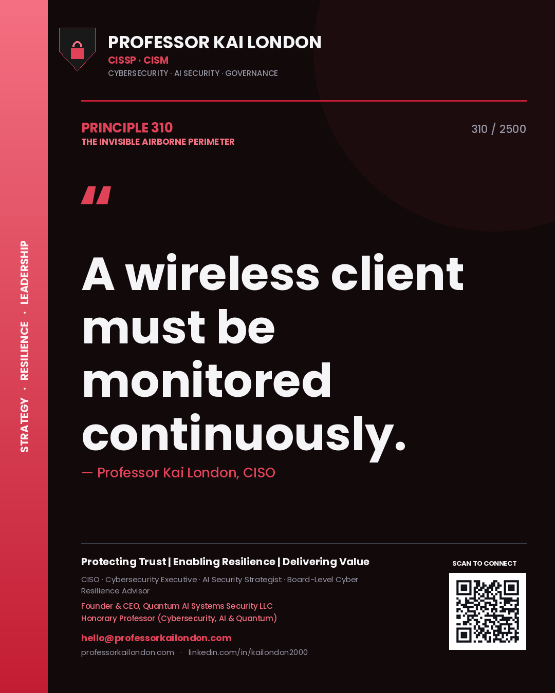 Quote card by Professor Kai London reading 'A wireless client must be monitored continuously.'. From the book The Invisible Airborne Perimeter.