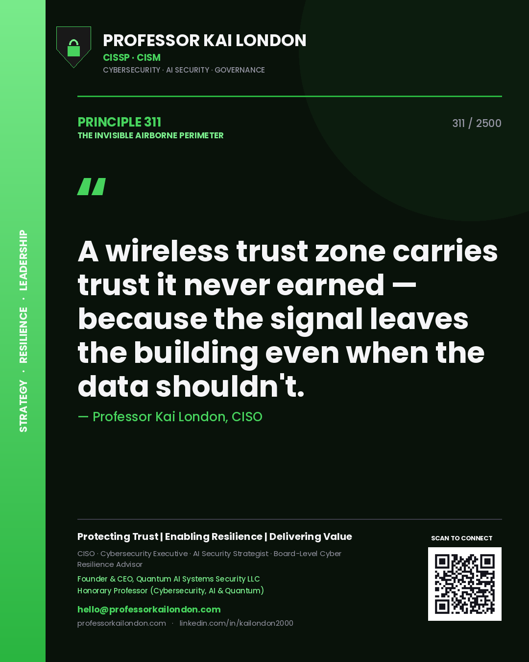 Quote card by Professor Kai London reading 'A wireless trust zone carries trust it never earned — because the signal leaves the building even when the data shouldn't.'. From the book The Invisible Airborne Perimeter.