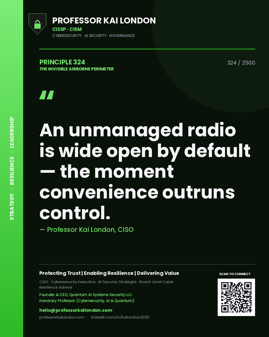 Quote card by Professor Kai London reading 'An unmanaged radio is wide open by default — the moment convenience outruns control.'. From the book The Invisible Airborne Perimeter.