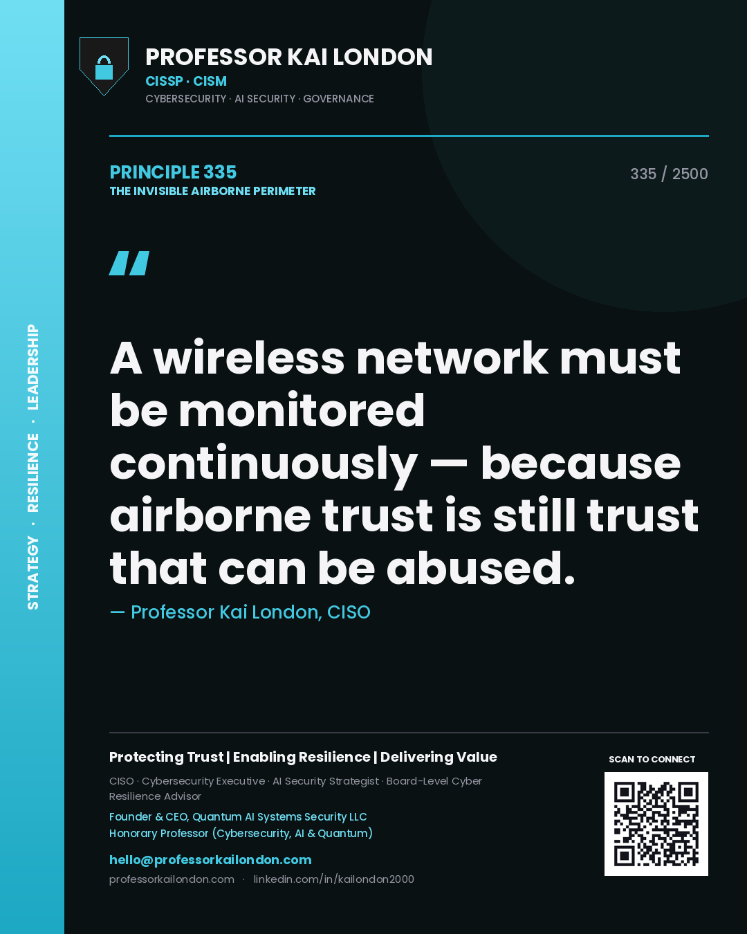 Quote card by Professor Kai London reading 'A wireless network must be monitored continuously — because airborne trust is still trust that can be abused.'. From the book The Invisible Airborne Perimeter.