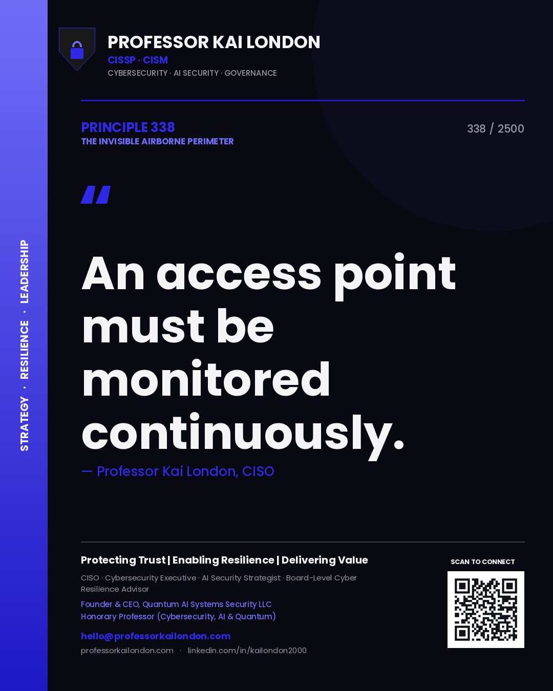 Quote card by Professor Kai London reading 'An access point must be monitored continuously.'. From the book The Invisible Airborne Perimeter.