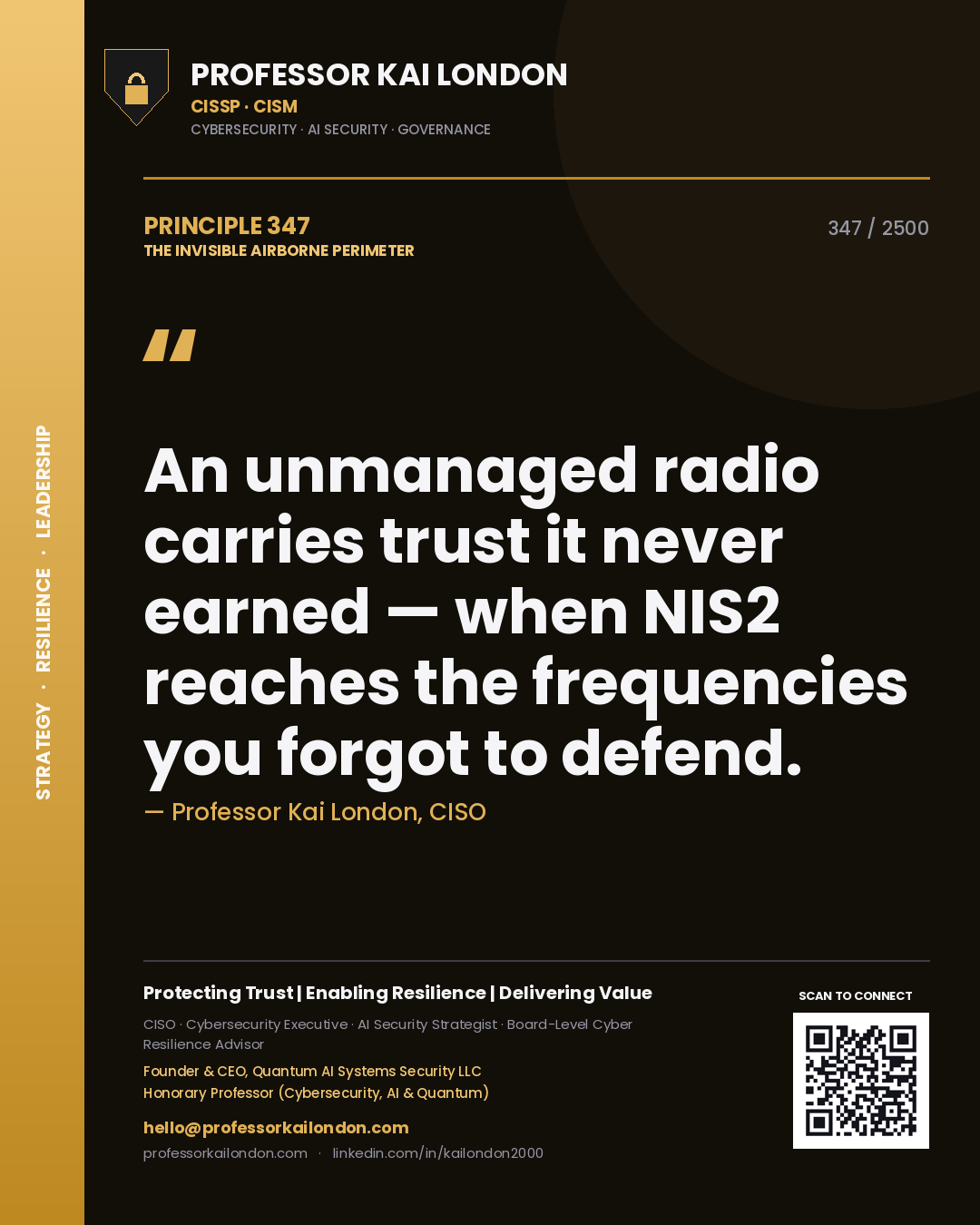 Quote card by Professor Kai London reading 'An unmanaged radio carries trust it never earned — when NIS2 reaches the frequencies you forgot to defend.'. From the book The Invisible Airborne Perimeter.