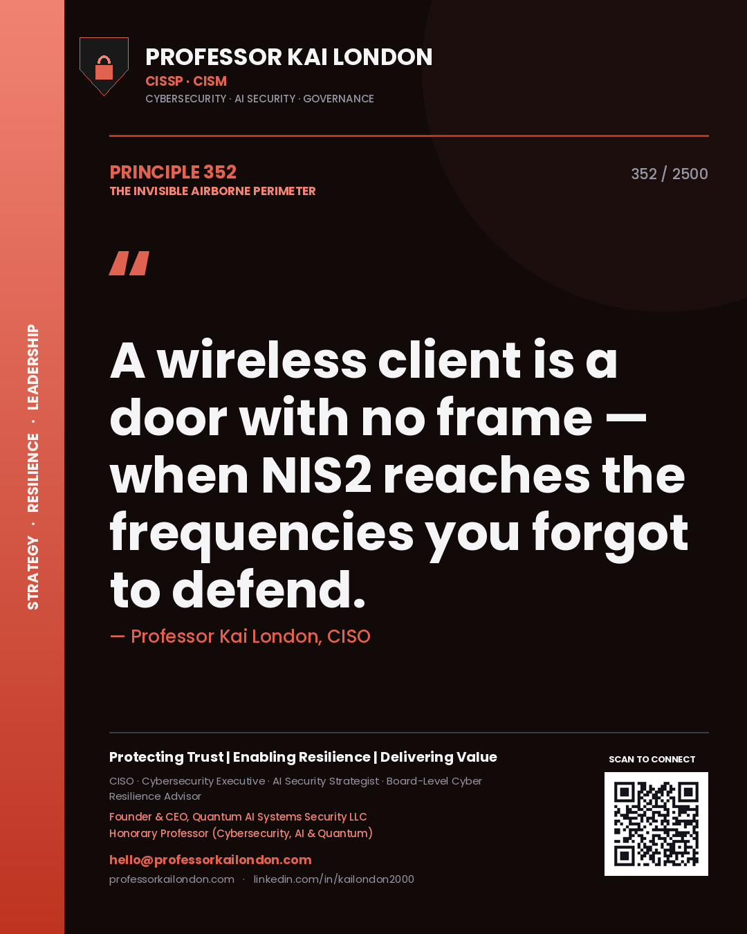 Quote card by Professor Kai London reading 'A wireless client is a door with no frame — when NIS2 reaches the frequencies you forgot to defend.'. From the book The Invisible Airborne Perimeter.