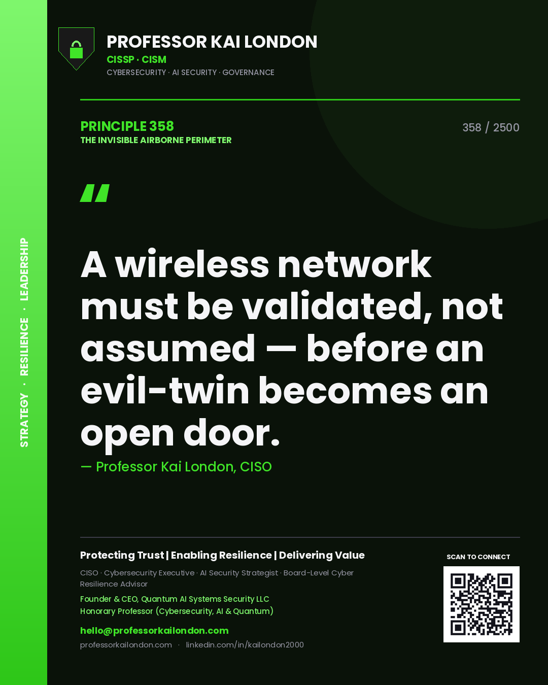 Quote card by Professor Kai London reading 'A wireless network must be validated, not assumed — before an evil-twin becomes an open door.'. From the book The Invisible Airborne Perimeter.