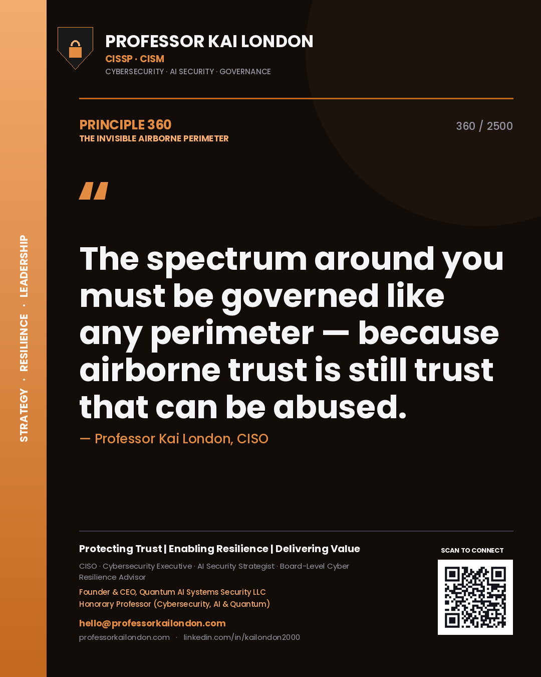Quote card by Professor Kai London reading 'The spectrum around you must be governed like any perimeter — because airborne trust is still trust that can be abused.'. From the book The Invisible Airborne Perimeter.