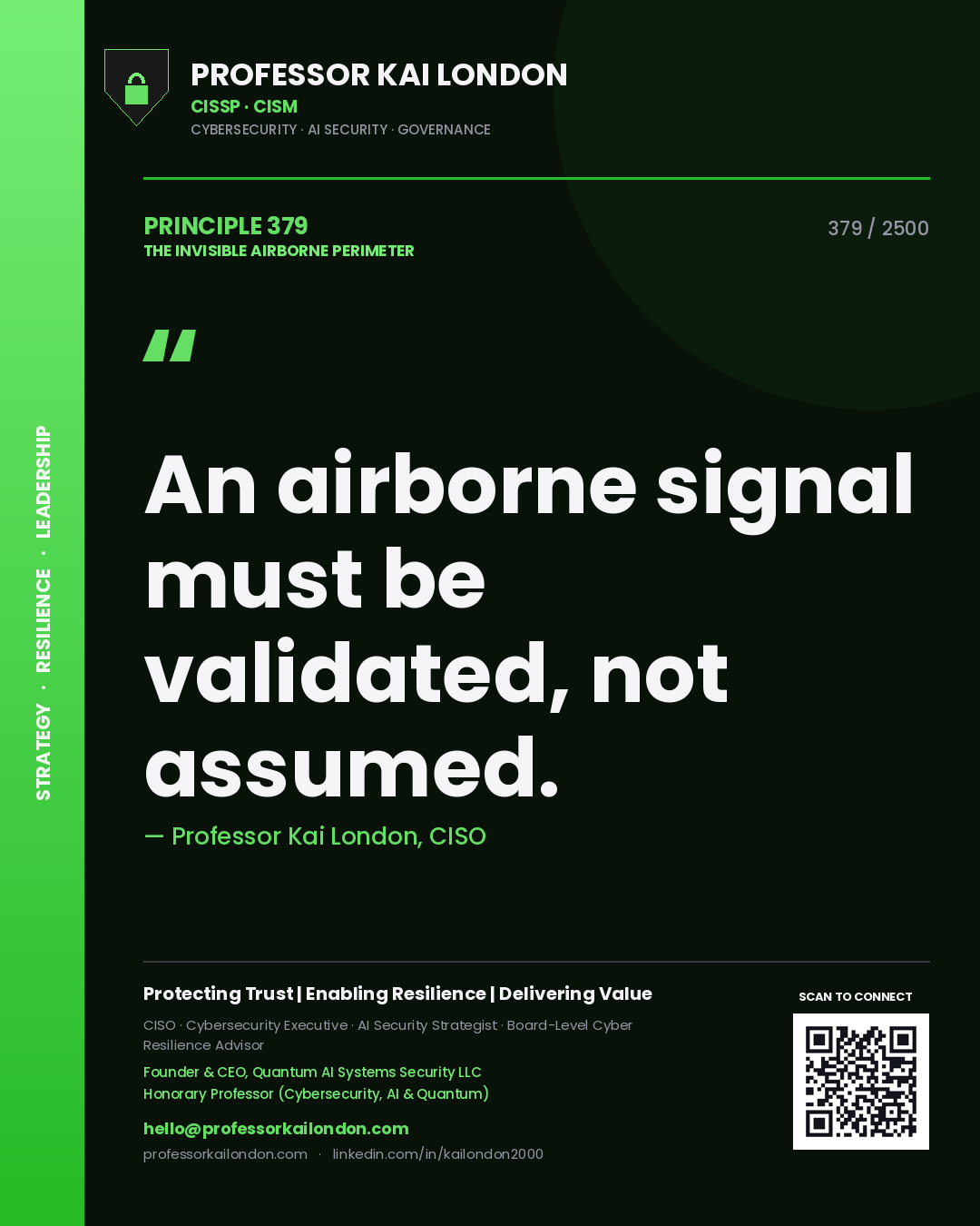 Quote card by Professor Kai London reading 'An airborne signal must be validated, not assumed.'. From the book The Invisible Airborne Perimeter.