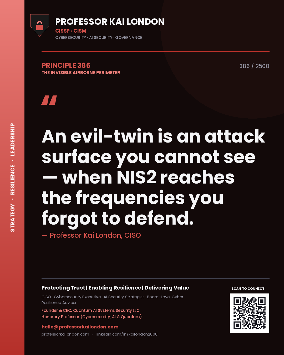 Quote card by Professor Kai London reading 'An evil-twin is an attack surface you cannot see — when NIS2 reaches the frequencies you forgot to defend.'. From the book The Invisible Airborne Perimeter.