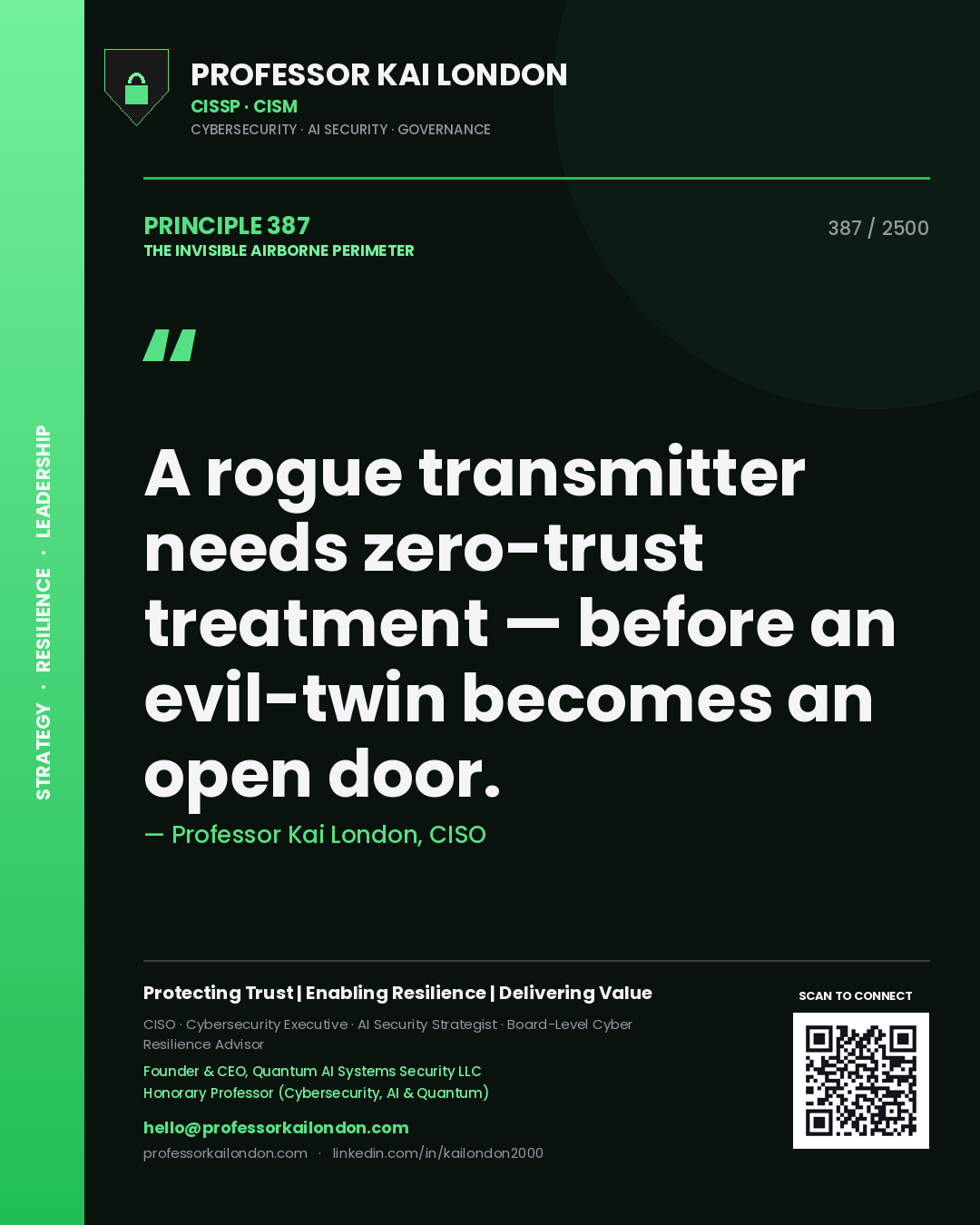 Professor Kai London principle 387: A rogue transmitter needs zero-trust treatment — before an evil-twin becomes an open door.