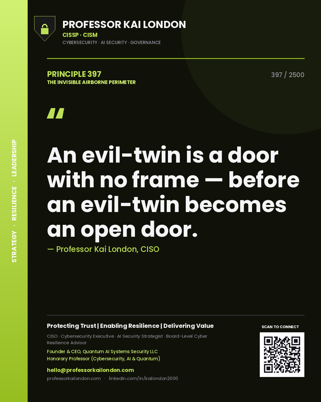 Quote card by Professor Kai London reading 'An evil-twin is a door with no frame — before an evil-twin becomes an open door.'. From the book The Invisible Airborne Perimeter.