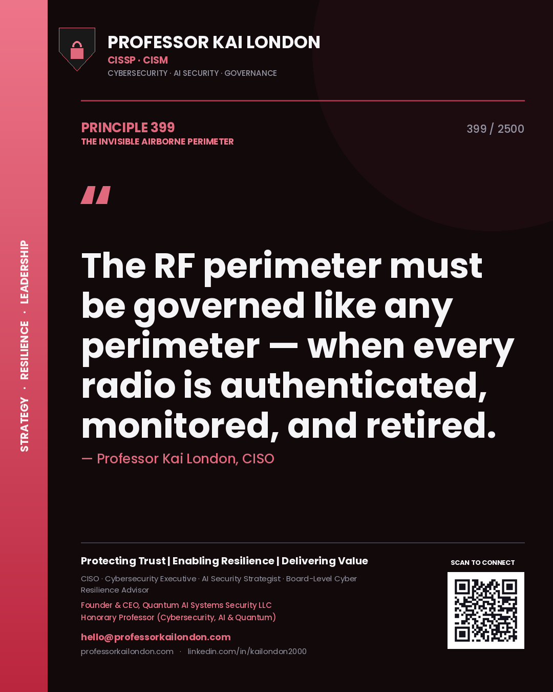Quote card by Professor Kai London reading 'The RF perimeter must be governed like any perimeter — when every radio is authenticated, monitored, and retired.'. From the book The Invisible Airborne Perimeter.