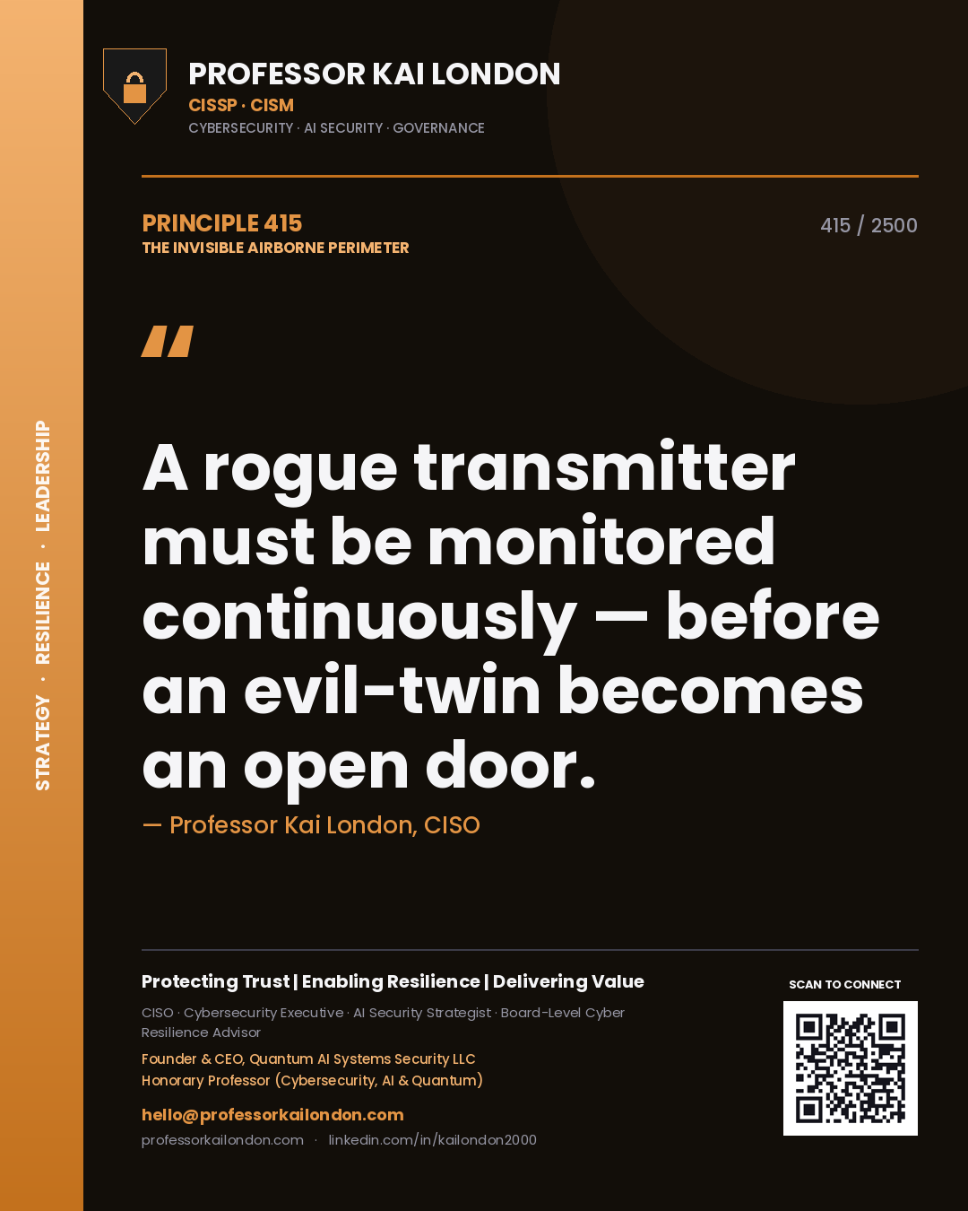 Quote card by Professor Kai London reading 'A rogue transmitter must be monitored continuously — before an evil-twin becomes an open door.'. From the book The Invisible Airborne Perimeter.