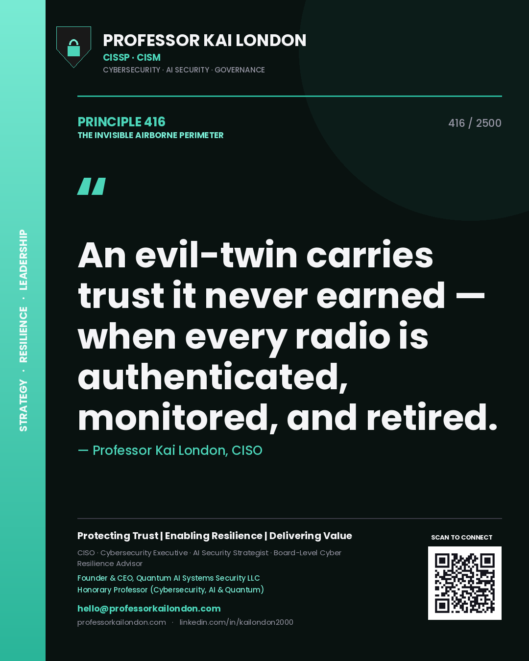 Quote card by Professor Kai London reading 'An evil-twin carries trust it never earned — when every radio is authenticated, monitored, and retired.'. From the book The Invisible Airborne Perimeter.