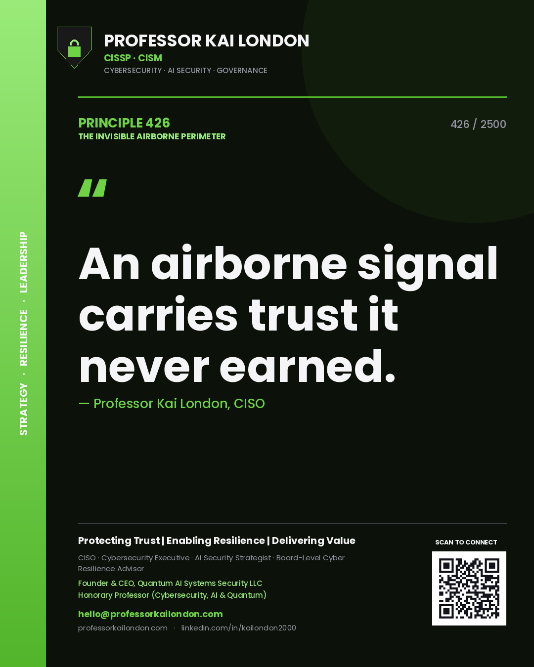 Quote card by Professor Kai London reading 'An airborne signal carries trust it never earned.'. From the book The Invisible Airborne Perimeter.