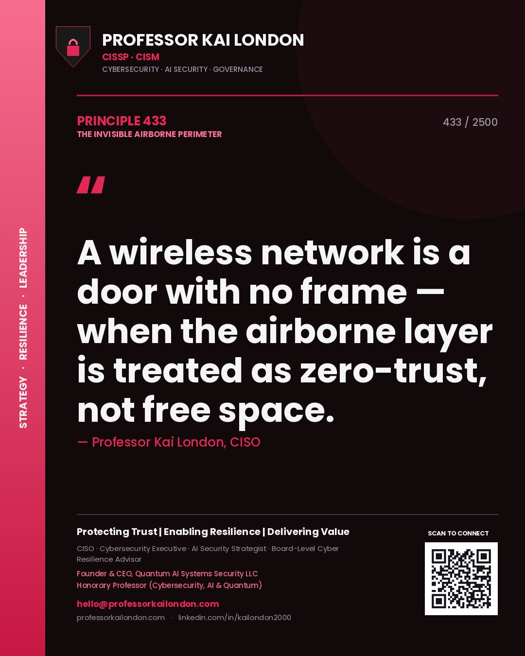 Professor Kai London principle 433: A wireless network is a door with no frame — when the airborne layer is treated as zero-trust, not free space.