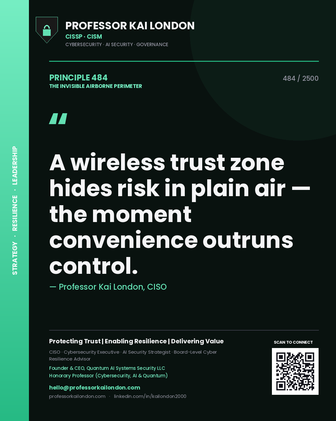 Quote card by Professor Kai London reading 'A wireless trust zone hides risk in plain air — the moment convenience outruns control.'. From the book The Invisible Airborne Perimeter.
