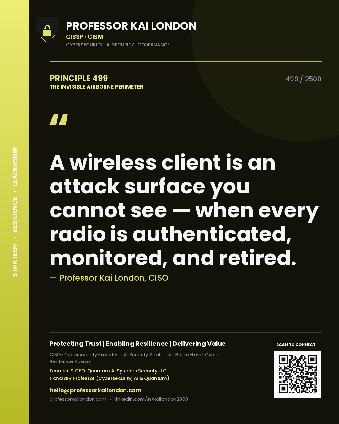 Quote card by Professor Kai London reading 'A wireless client is an attack surface you cannot see — when every radio is authenticated, monitored, and retired.'. From the book The Invisible Airborne Perimeter.