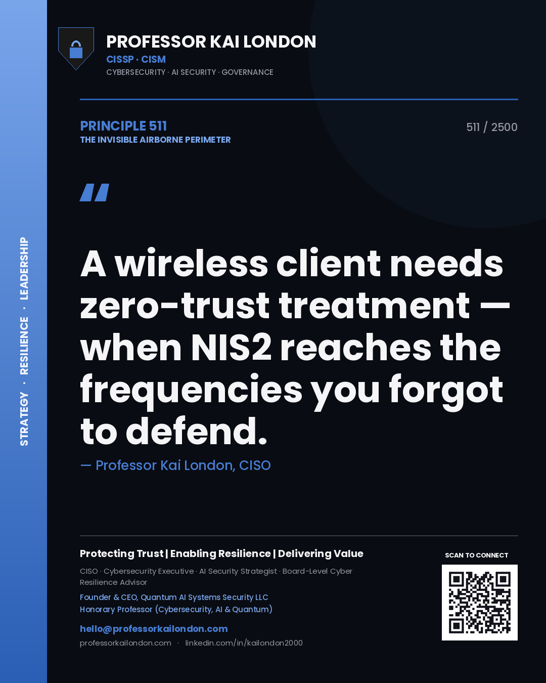 Quote card by Professor Kai London reading 'A wireless client needs zero-trust treatment — when NIS2 reaches the frequencies you forgot to defend.'. From the book The Invisible Airborne Perimeter.
