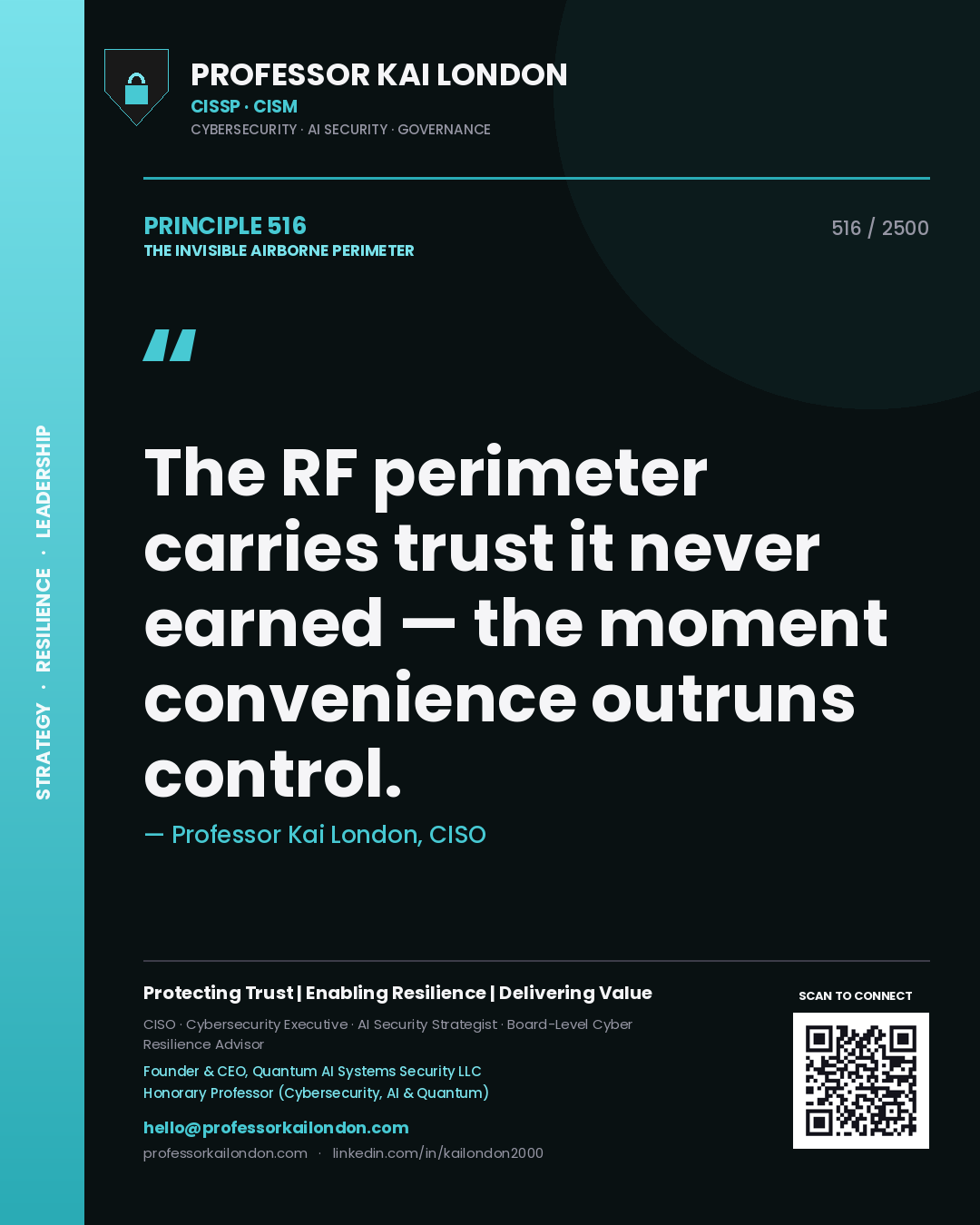 Quote card by Professor Kai London reading 'The RF perimeter carries trust it never earned — the moment convenience outruns control.'. From the book The Invisible Airborne Perimeter.