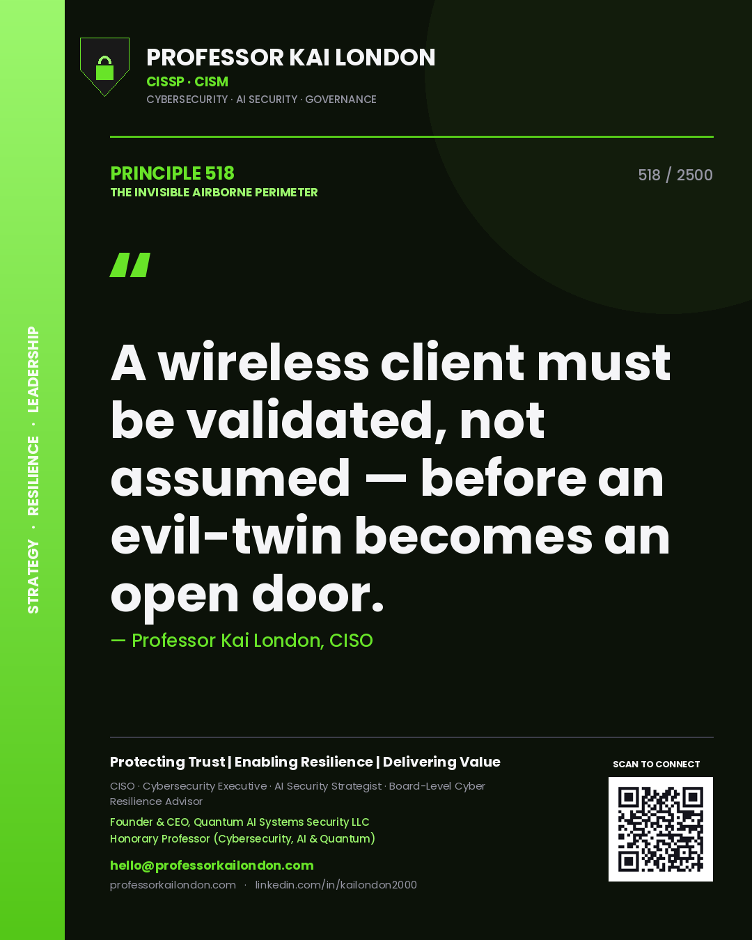 Quote card by Professor Kai London reading 'A wireless client must be validated, not assumed — before an evil-twin becomes an open door.'. From the book The Invisible Airborne Perimeter.