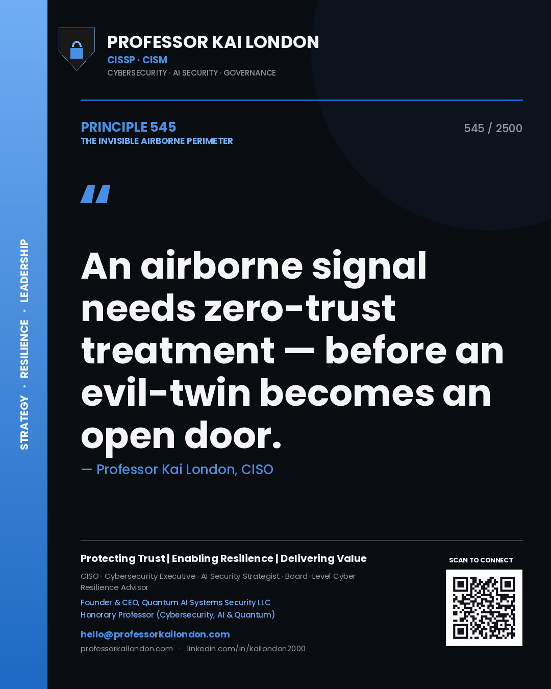 Quote card by Professor Kai London reading 'An airborne signal needs zero-trust treatment — before an evil-twin becomes an open door.'. From the book The Invisible Airborne Perimeter.