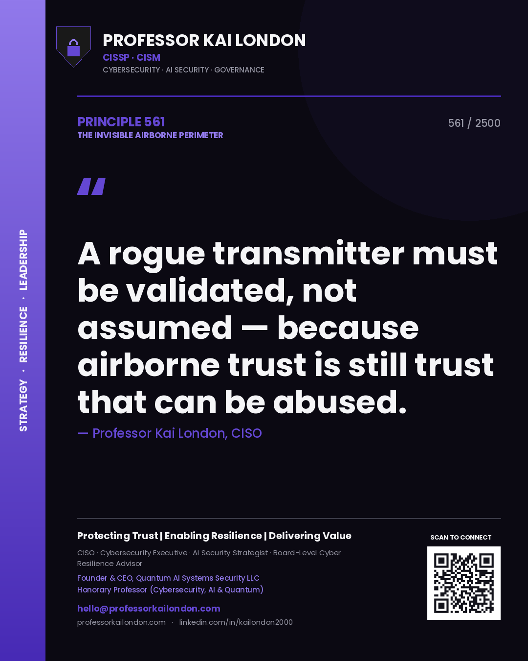 Quote card by Professor Kai London reading 'A rogue transmitter must be validated, not assumed — because airborne trust is still trust that can be abused.'. From the book The Invisible Airborne Perimeter.