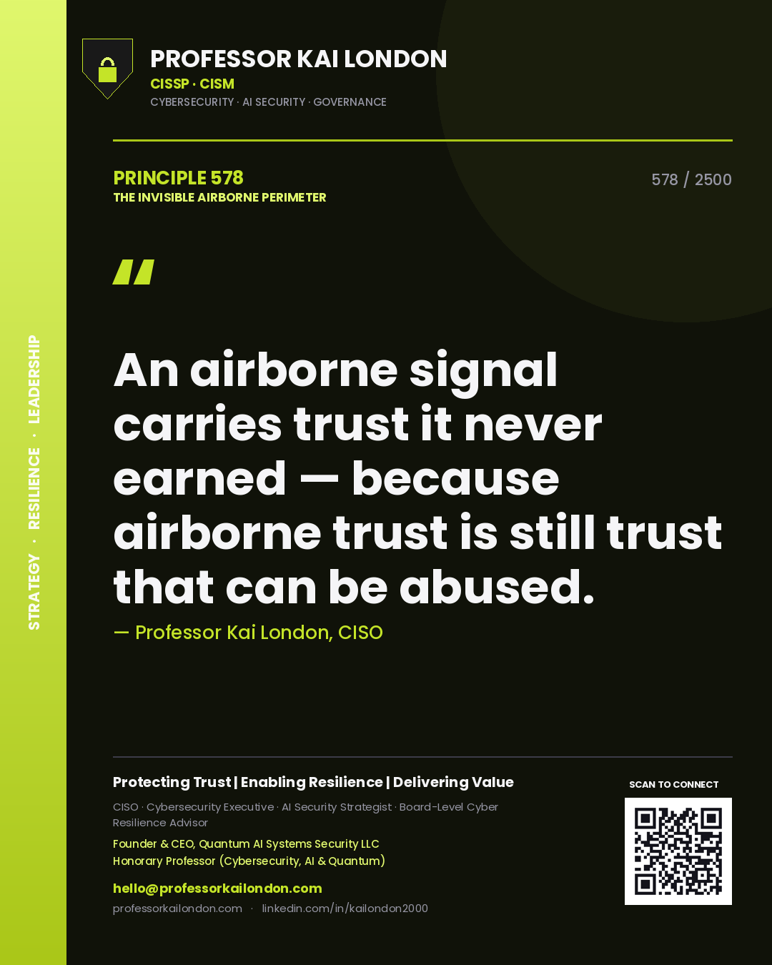 Quote card by Professor Kai London reading 'An airborne signal carries trust it never earned — because airborne trust is still trust that can be abused.'. From the book The Invisible Airborne Perimeter.