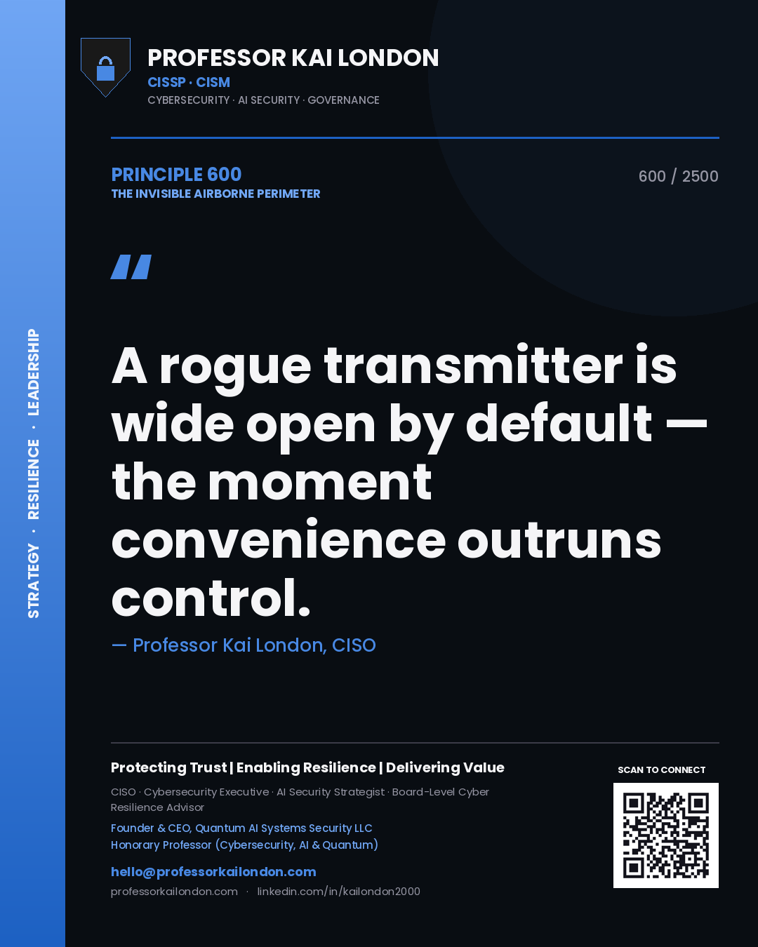 Quote card by Professor Kai London reading 'A rogue transmitter is wide open by default — the moment convenience outruns control.'. From the book The Invisible Airborne Perimeter.