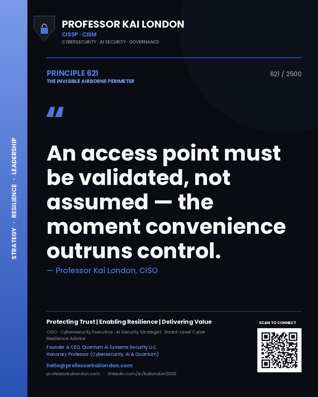 Quote card by Professor Kai London reading 'An access point must be validated, not assumed — the moment convenience outruns control.'. From the book The Invisible Airborne Perimeter.