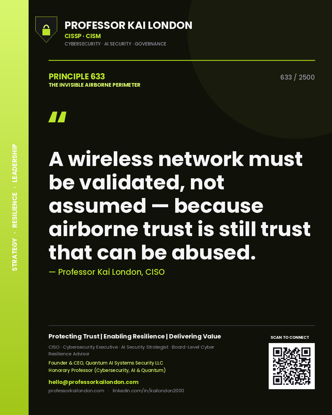 Quote card by Professor Kai London reading 'A wireless network must be validated, not assumed — because airborne trust is still trust that can be abused.'. From the book The Invisible Airborne Perimeter.