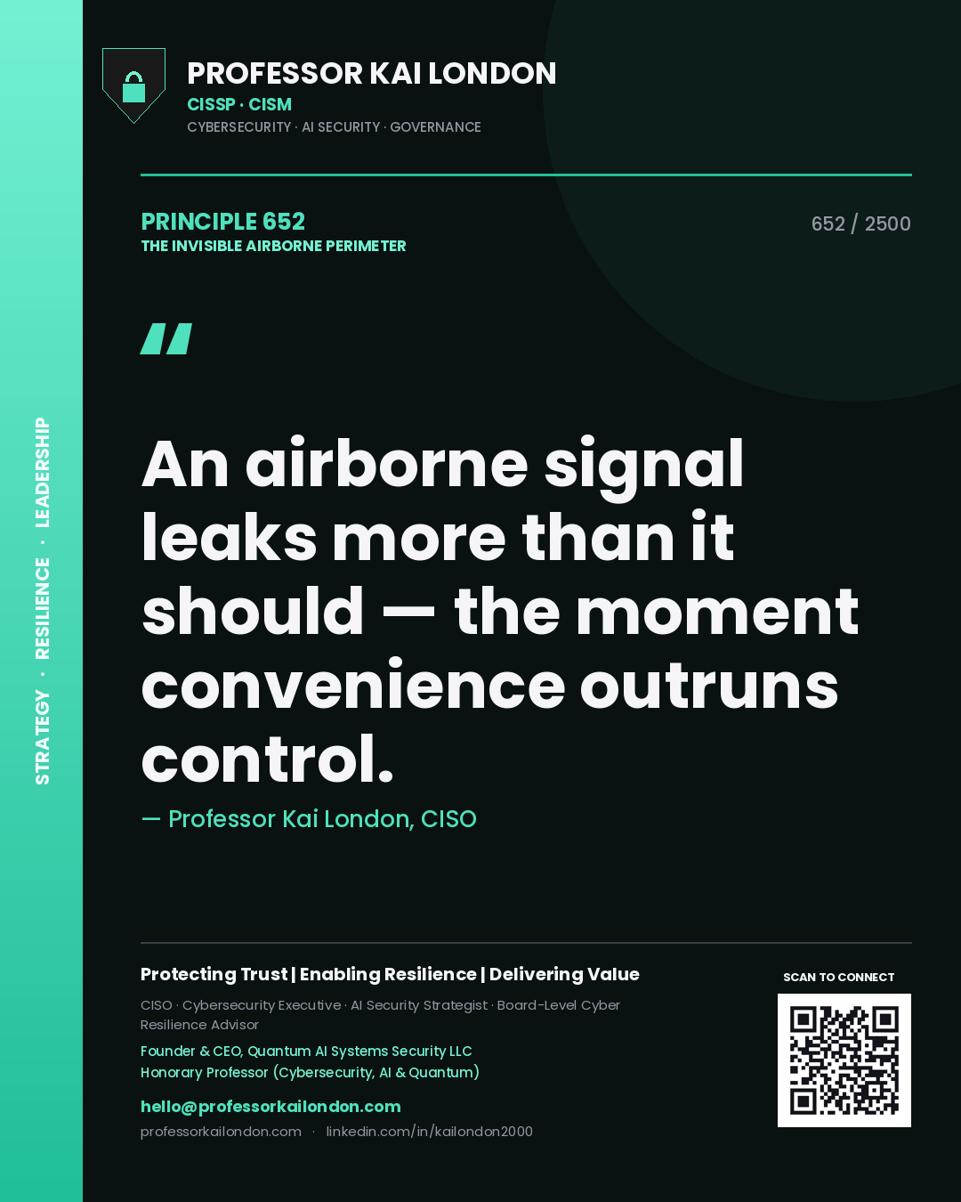 Quote card by Professor Kai London reading 'An airborne signal leaks more than it should — the moment convenience outruns control.'. From the book The Invisible Airborne Perimeter.