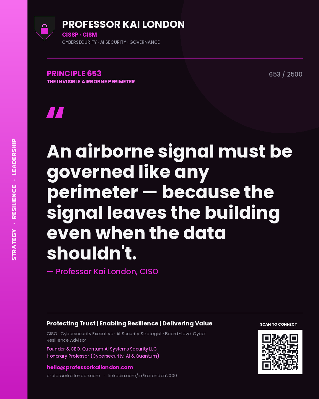 Professor Kai London principle 653: An airborne signal must be governed like any perimeter — because the signal leaves the building even when the data shouldn't.