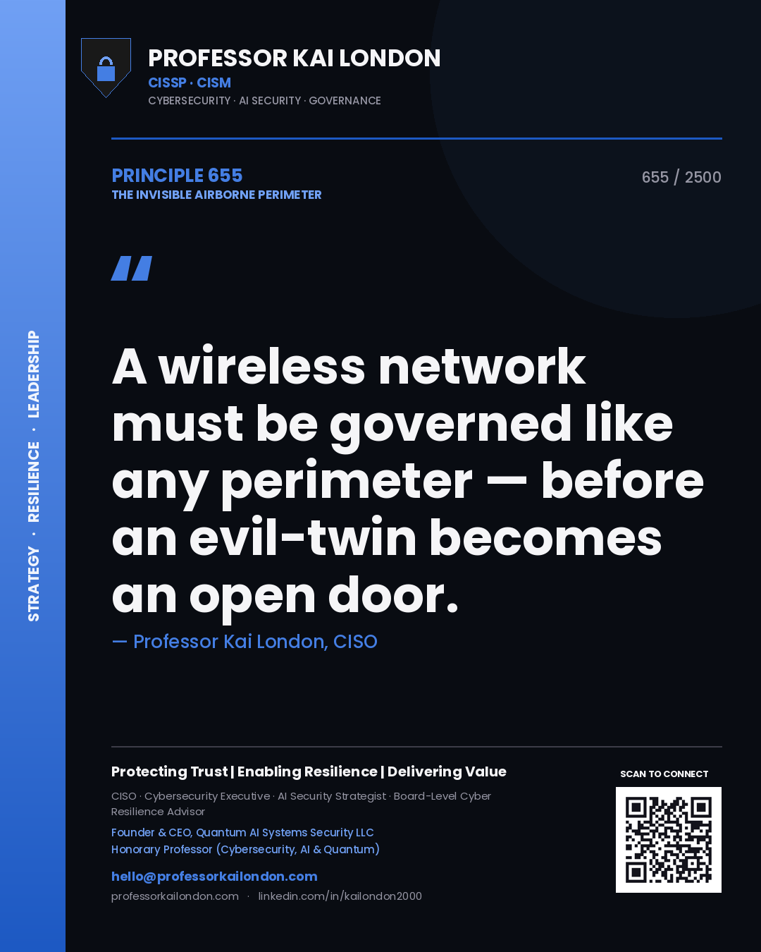 Quote card by Professor Kai London reading 'A wireless network must be governed like any perimeter — before an evil-twin becomes an open door.'. From the book The Invisible Airborne Perimeter.