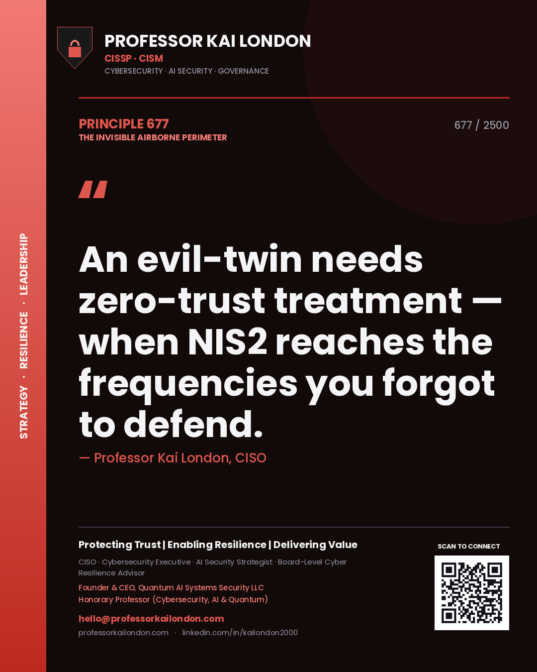 Quote card by Professor Kai London reading 'An evil-twin needs zero-trust treatment — when NIS2 reaches the frequencies you forgot to defend.'. From the book The Invisible Airborne Perimeter.
