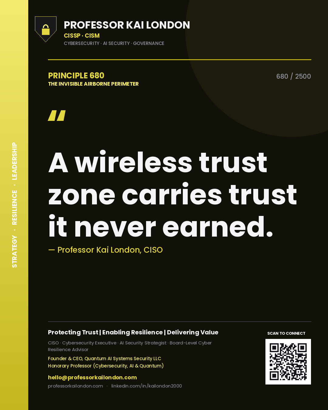 Quote card by Professor Kai London reading 'A wireless trust zone carries trust it never earned.'. From the book The Invisible Airborne Perimeter.