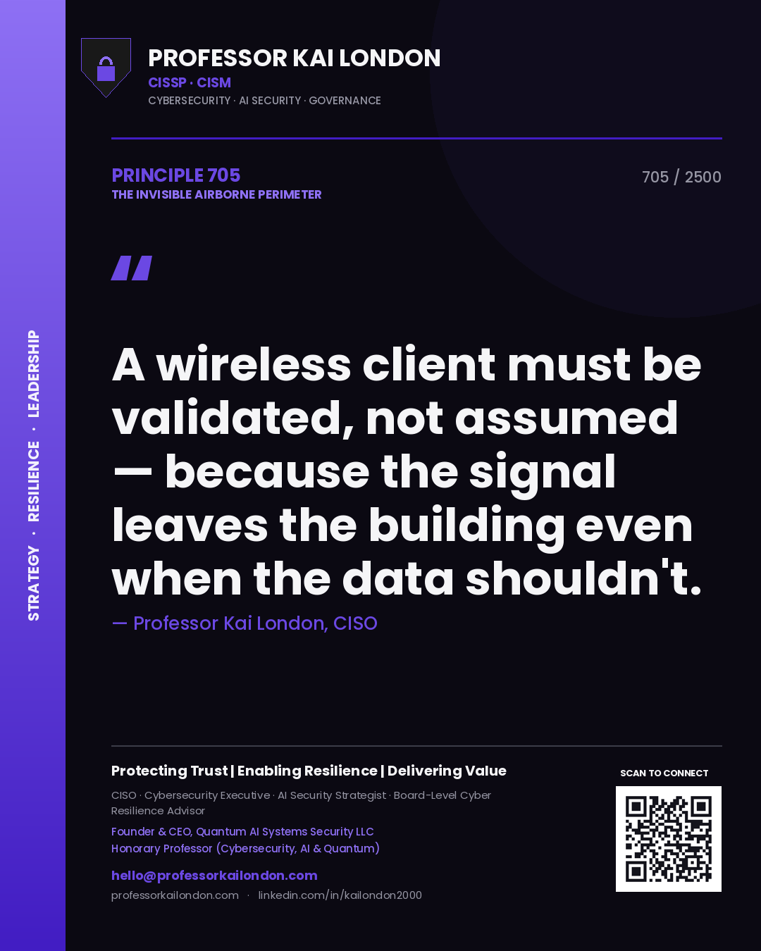 Quote card by Professor Kai London reading 'A wireless client must be validated, not assumed — because the signal leaves the building even when the data shouldn't.'. From the book The Invisible Airborne Perimeter.