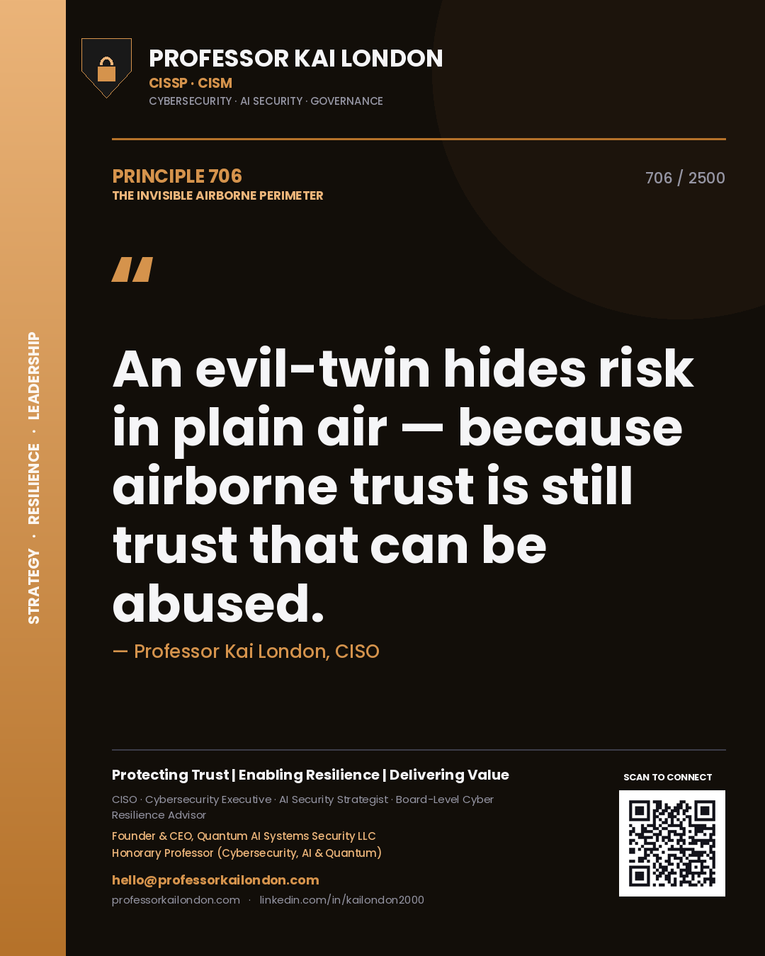 Quote card by Professor Kai London reading 'An evil-twin hides risk in plain air — because airborne trust is still trust that can be abused.'. From the book The Invisible Airborne Perimeter.