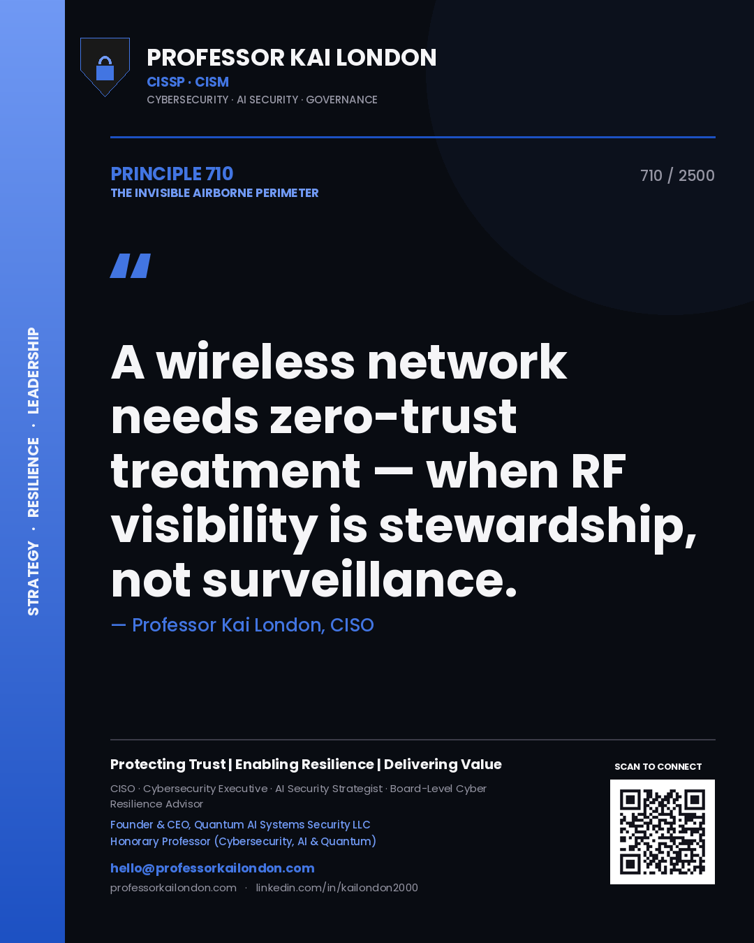 Quote card by Professor Kai London reading 'A wireless network needs zero-trust treatment — when RF visibility is stewardship, not surveillance.'. From the book The Invisible Airborne Perimeter.
