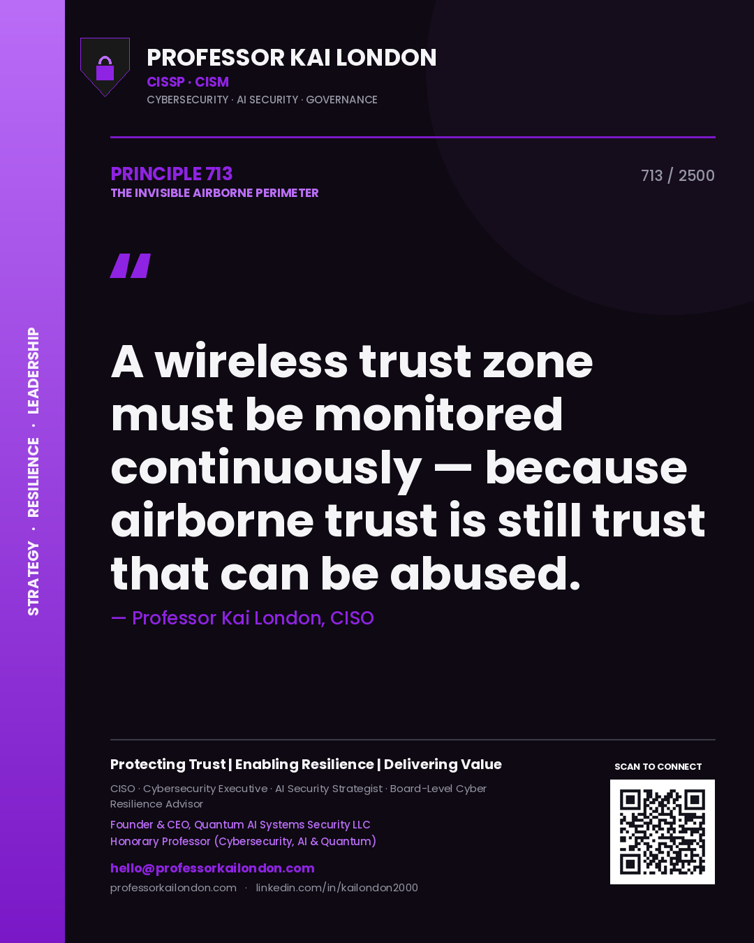 Quote card by Professor Kai London reading 'A wireless trust zone must be monitored continuously — because airborne trust is still trust that can be abused.'. From the book The Invisible Airborne Perimeter.