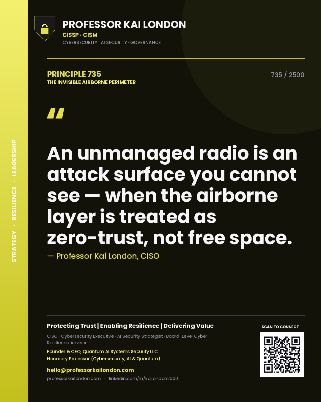 Professor Kai London principle 735: An unmanaged radio is an attack surface you cannot see — when the airborne layer is treated as zero-trust, not free space.