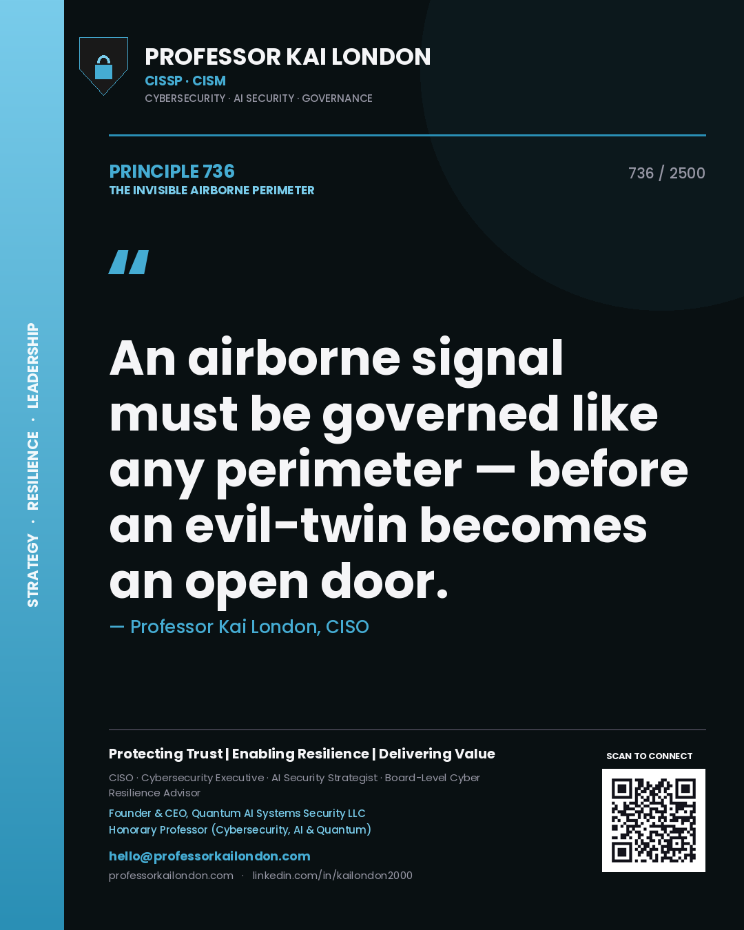 Quote card by Professor Kai London reading 'An airborne signal must be governed like any perimeter — before an evil-twin becomes an open door.'. From the book The Invisible Airborne Perimeter.