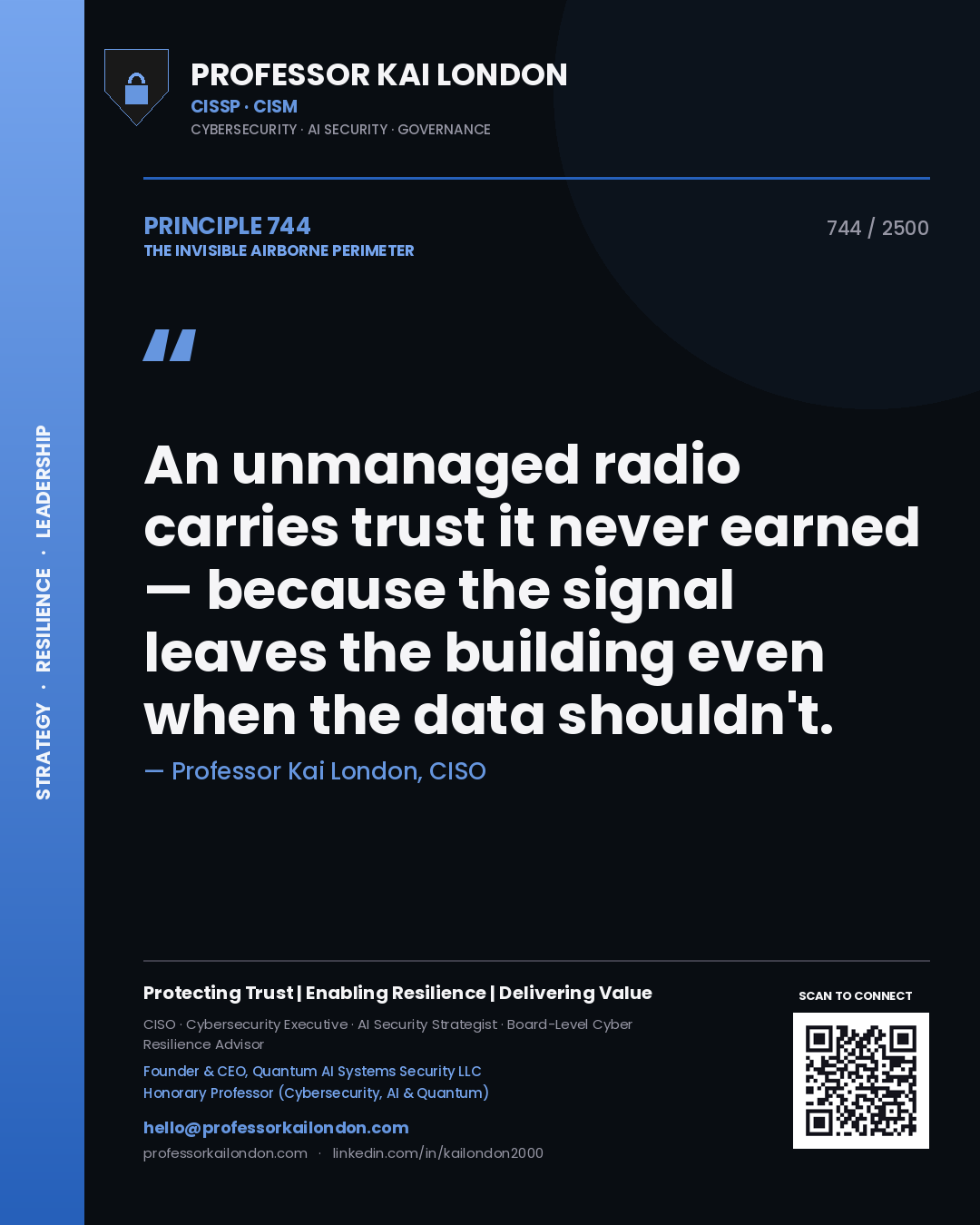 Quote card by Professor Kai London reading 'An unmanaged radio carries trust it never earned — because the signal leaves the building even when the data shouldn't.'. From the book The Invisible Airborne Perimeter.