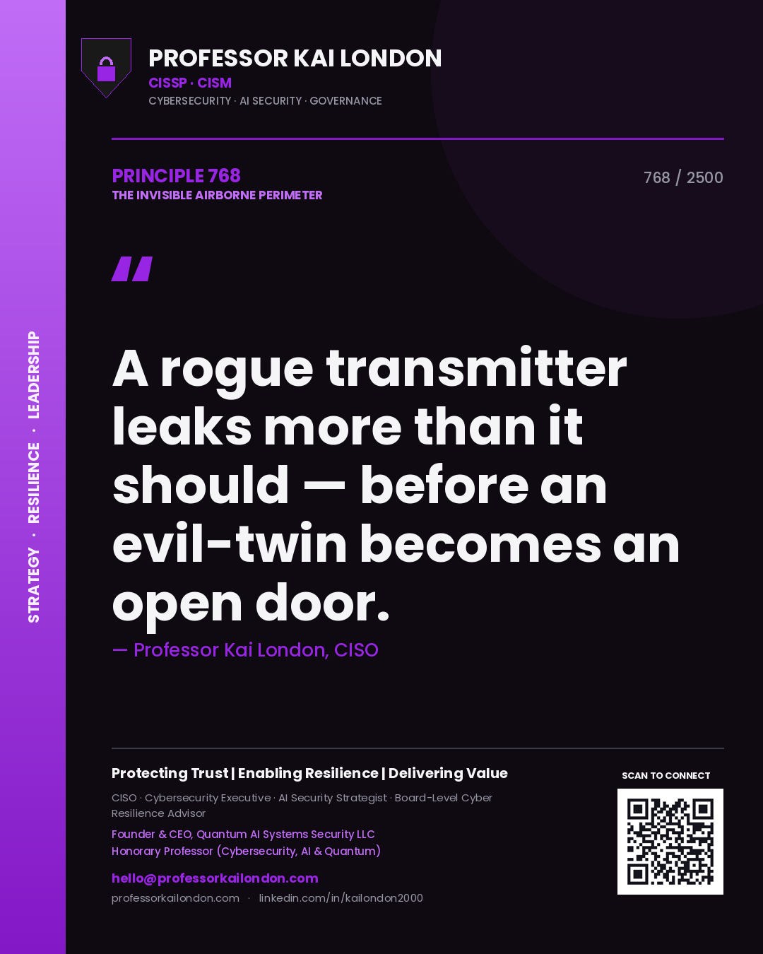 Quote card by Professor Kai London reading 'A rogue transmitter leaks more than it should — before an evil-twin becomes an open door.'. From the book The Invisible Airborne Perimeter.