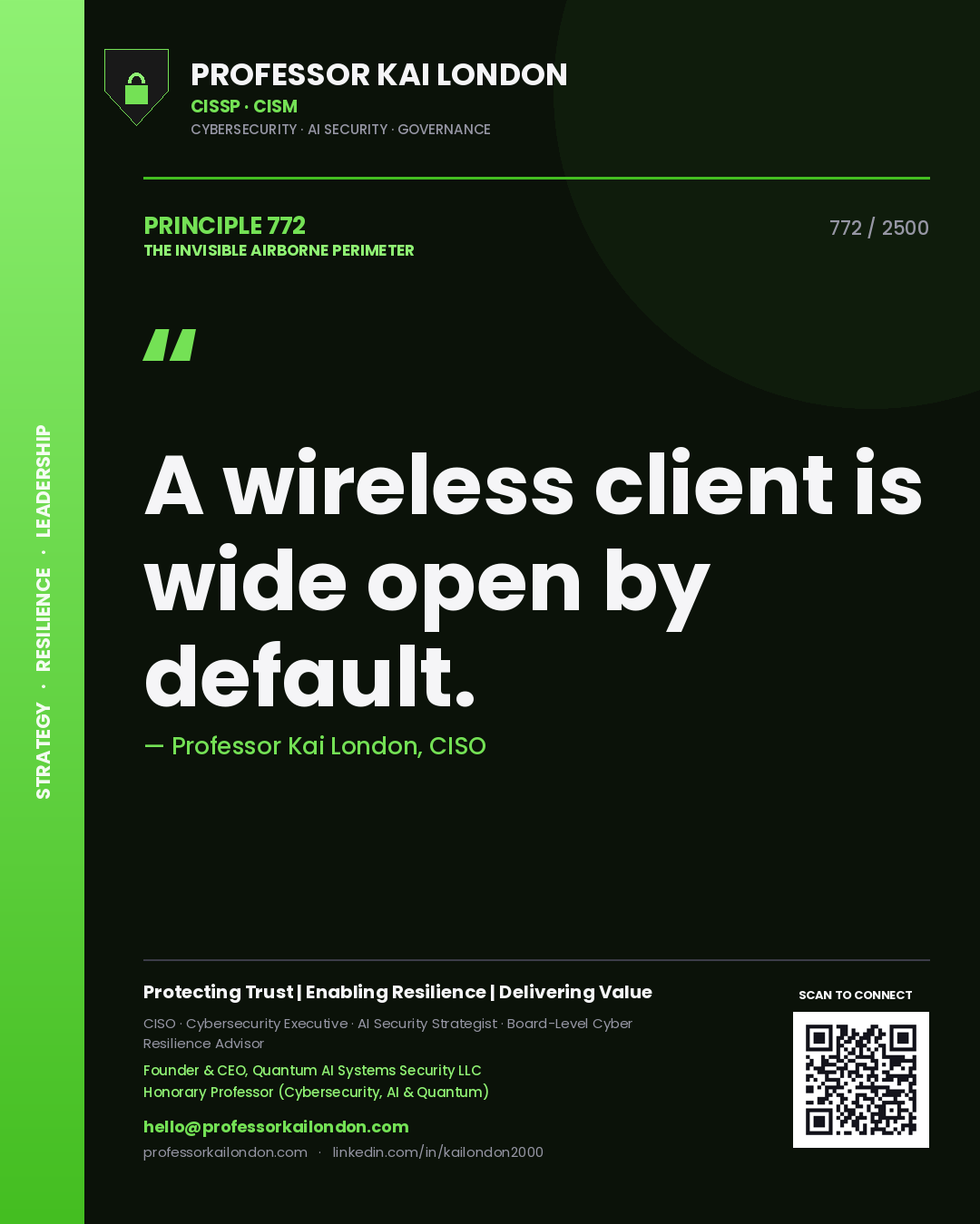 Quote card by Professor Kai London reading 'A wireless client is wide open by default.'. From the book The Invisible Airborne Perimeter.