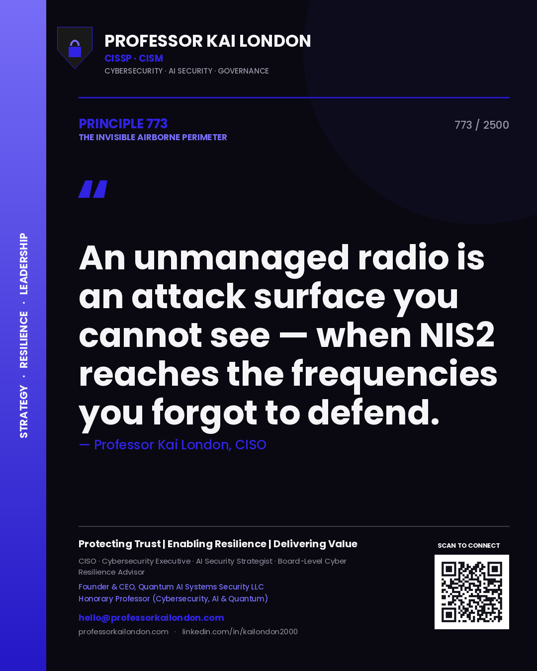 Quote card by Professor Kai London reading 'An unmanaged radio is an attack surface you cannot see — when NIS2 reaches the frequencies you forgot to defend.'. From the book The Invisible Airborne Perimeter.