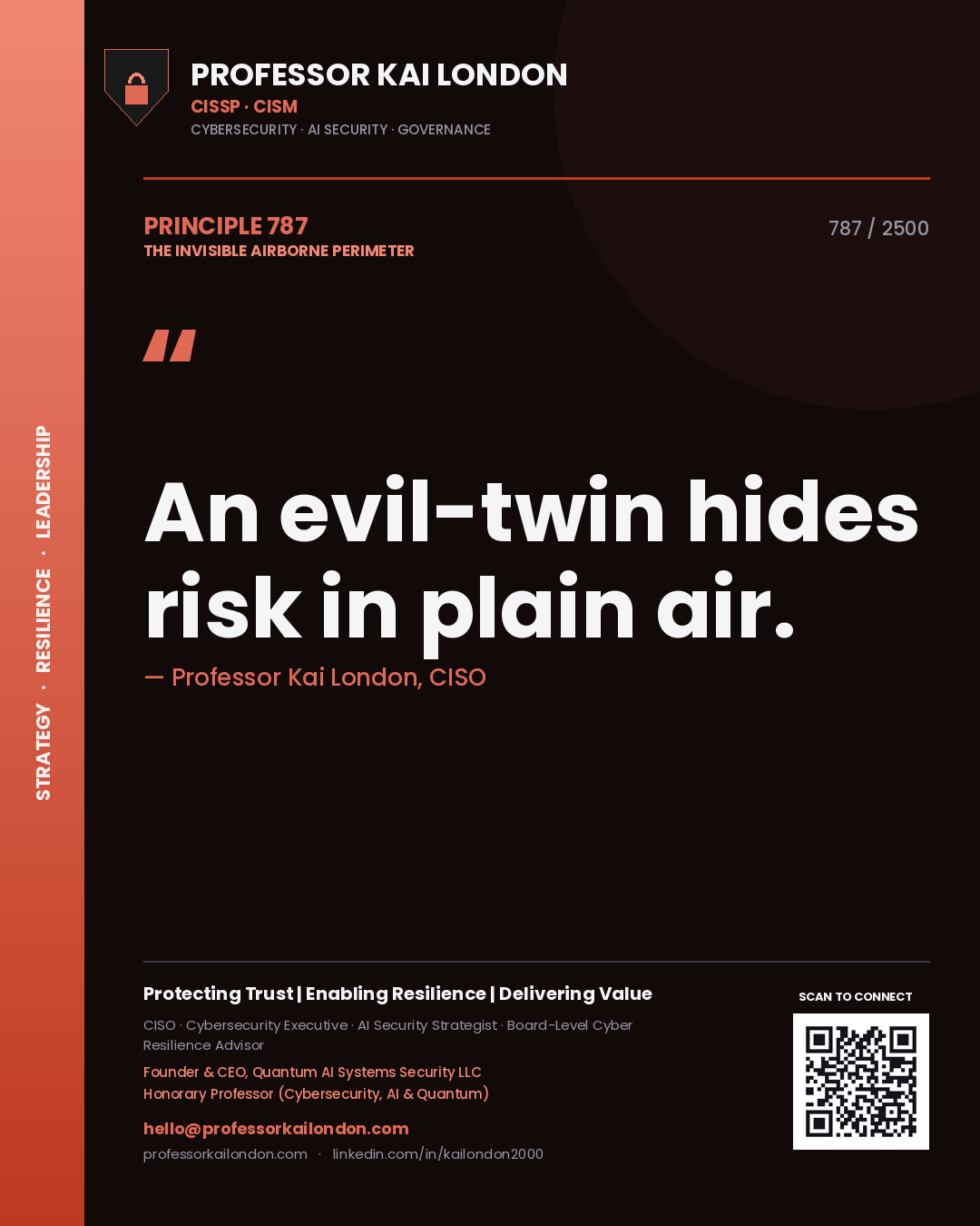 Quote card by Professor Kai London reading 'An evil-twin hides risk in plain air.'. From the book The Invisible Airborne Perimeter.