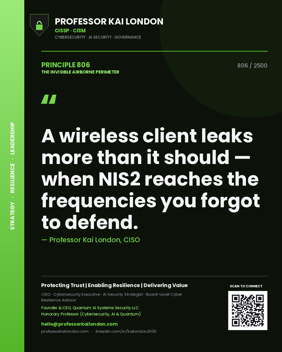 Quote card by Professor Kai London reading 'A wireless client leaks more than it should — when NIS2 reaches the frequencies you forgot to defend.'. From the book The Invisible Airborne Perimeter.