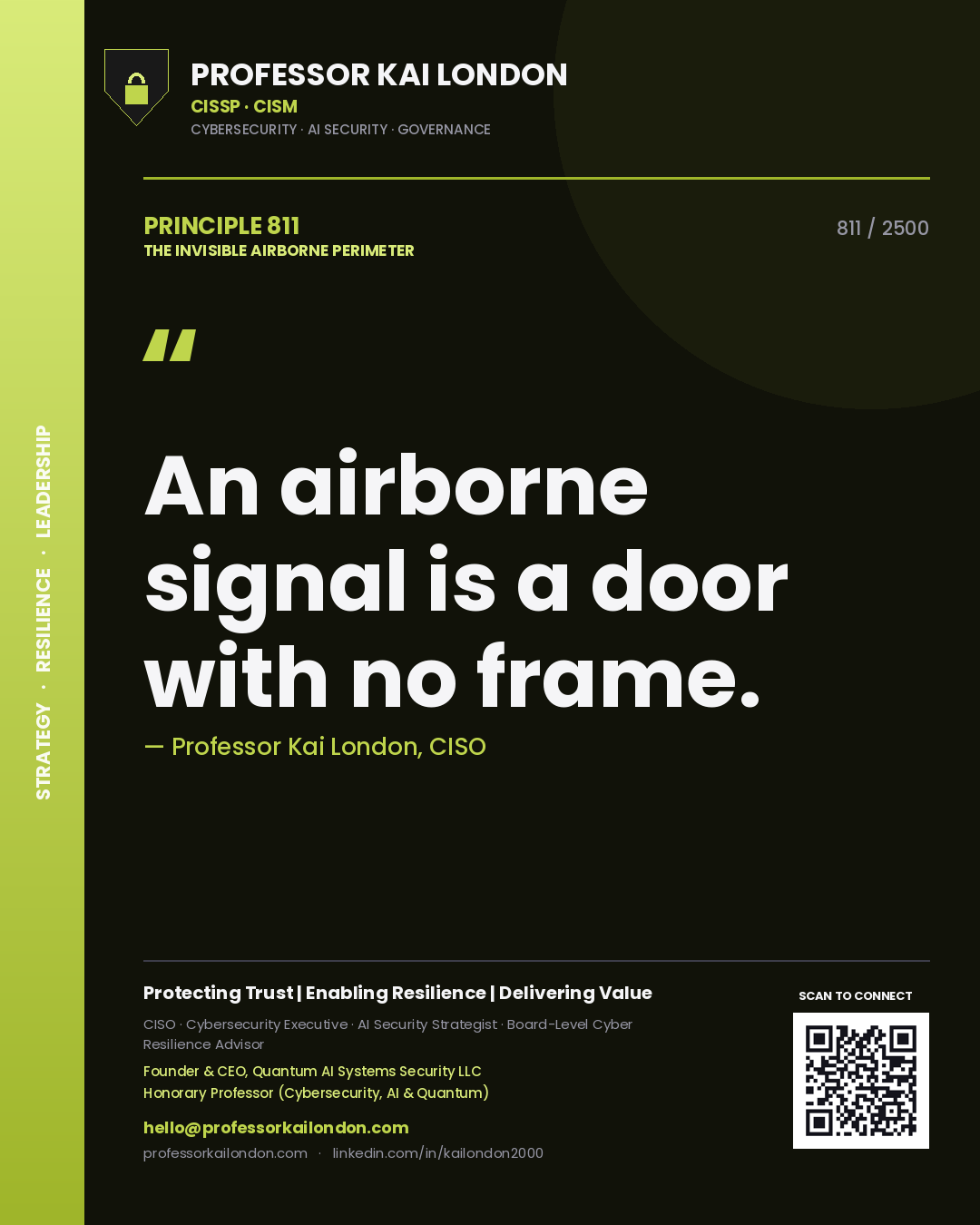 Quote card by Professor Kai London reading 'An airborne signal is a door with no frame.'. From the book The Invisible Airborne Perimeter.