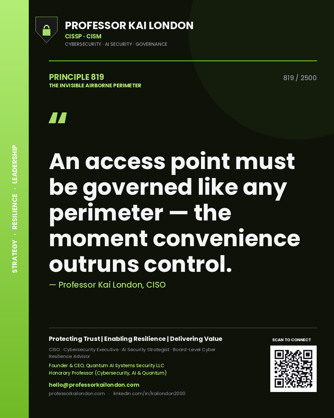 Quote card by Professor Kai London reading 'An access point must be governed like any perimeter — the moment convenience outruns control.'. From the book The Invisible Airborne Perimeter.