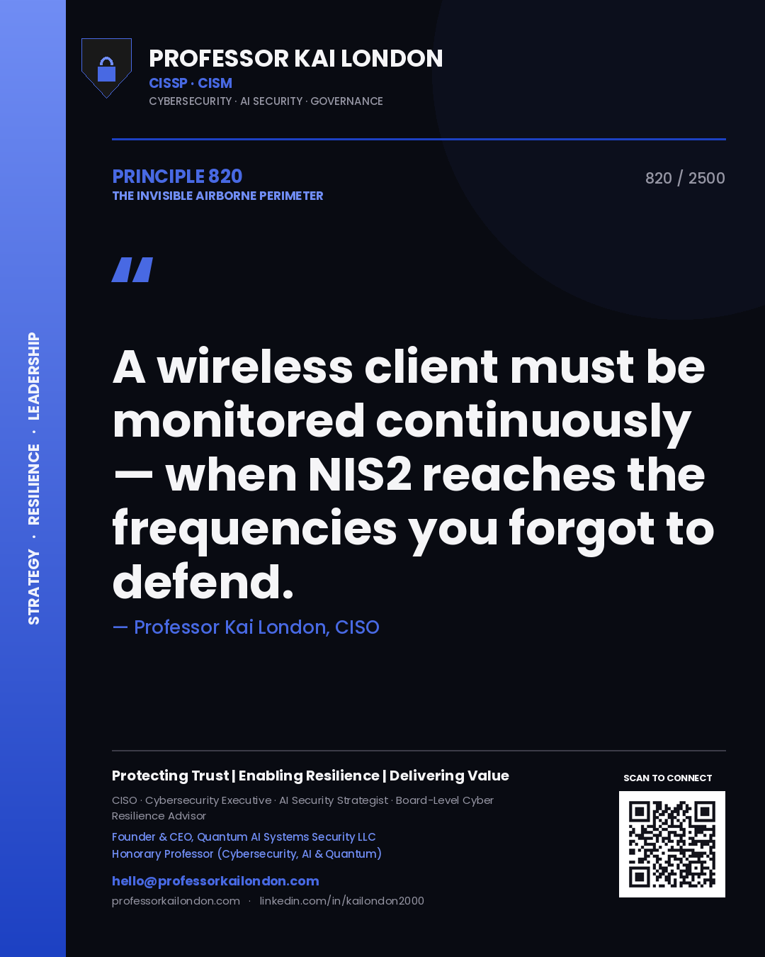 Quote card by Professor Kai London reading 'A wireless client must be monitored continuously — when NIS2 reaches the frequencies you forgot to defend.'. From the book The Invisible Airborne Perimeter.