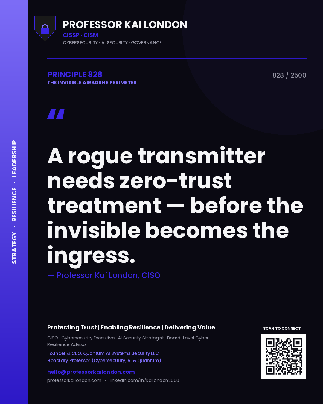 Quote card by Professor Kai London reading 'A rogue transmitter needs zero-trust treatment — before the invisible becomes the ingress.'. From the book The Invisible Airborne Perimeter.